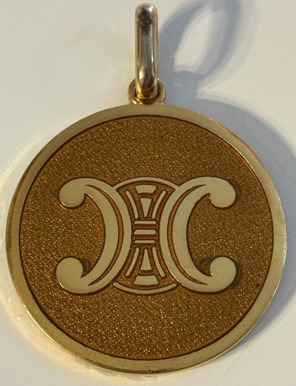 Rare! Vintage Celine Triomphe Logo Pendant Amber Enamel Gold Tone Parisian Luxe